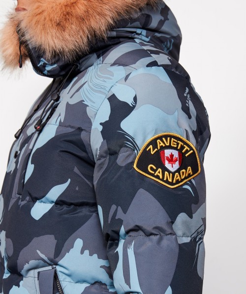 camouflage jacket with blue fur hood